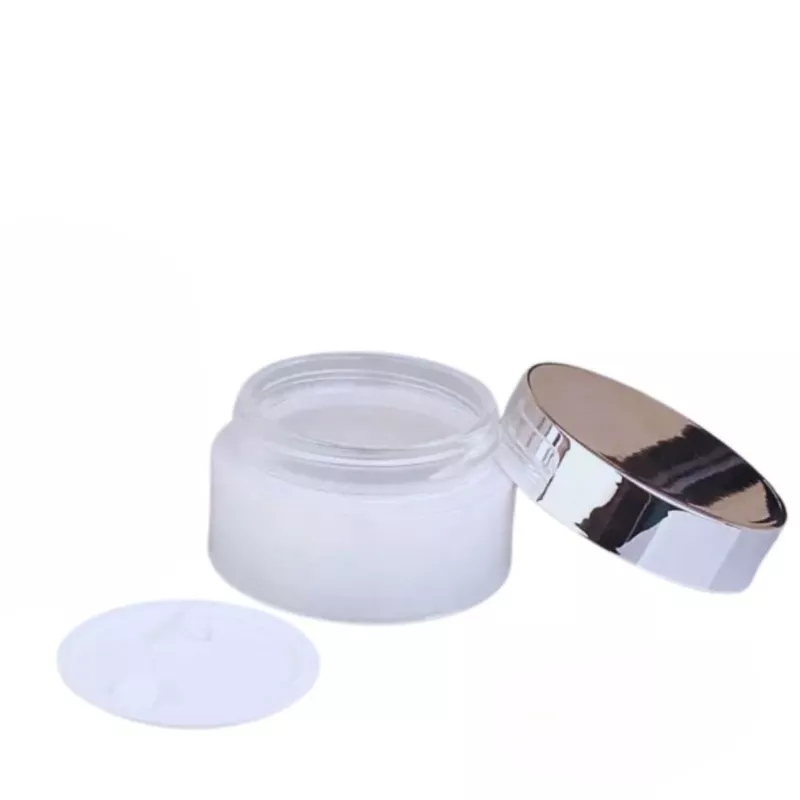50ml Frosted NEW Glass Jar + SILVER Cap + White Seal