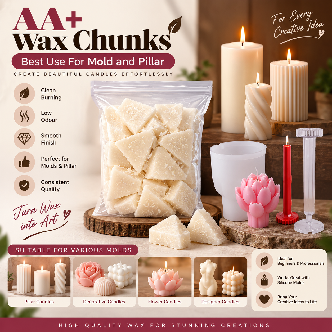 Premium Soy Wax Chunks ( Pillar Wax , Silicon molds )