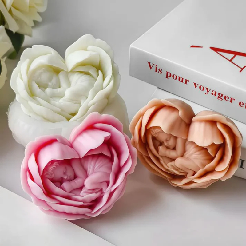 Silicon Mold Candle Baby in Heart Rose