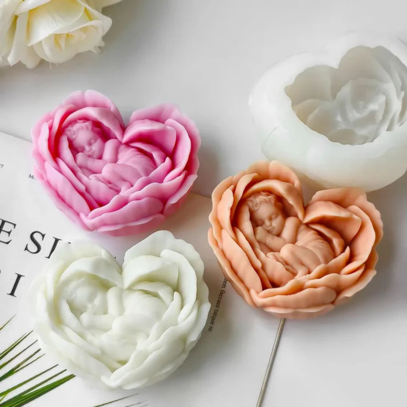 Silicon Mold Candle Baby in Heart Rose