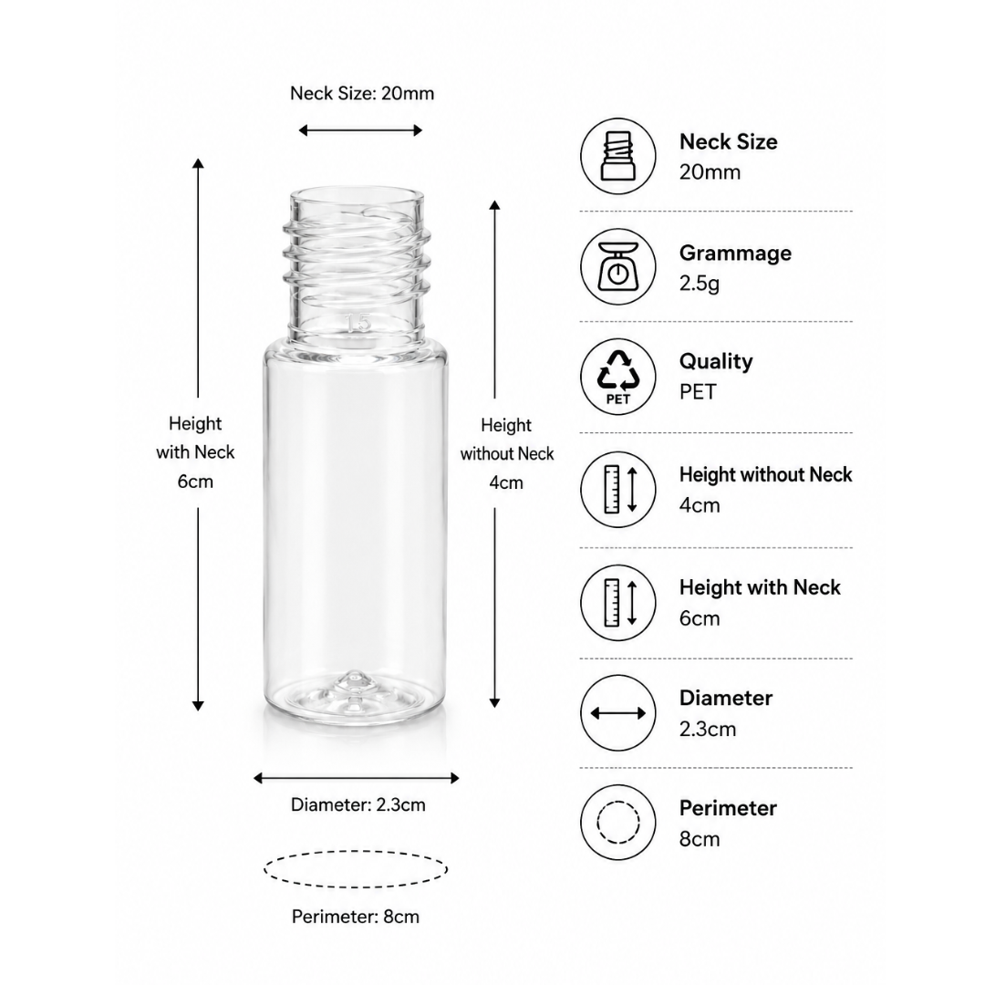 15ml JLI PET BOTTLE ROUND CLEAR - 20mm Neck
