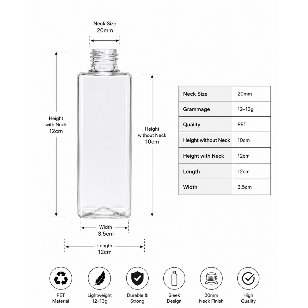 100ml SQUARE PET Bottle CLEAR - 20mm Neck