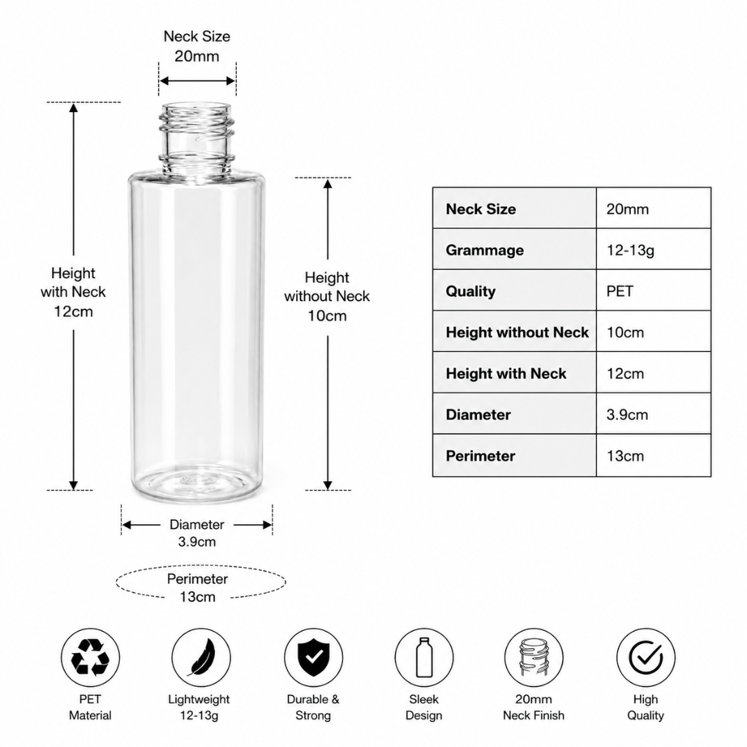 100ml JLI Pet Bottle CLEAR - 20mm NECK