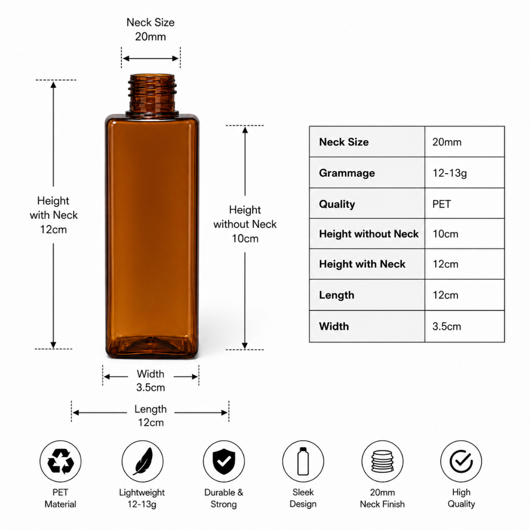 100ml SQUARE PET Bottle AMBER - 20mm Neck