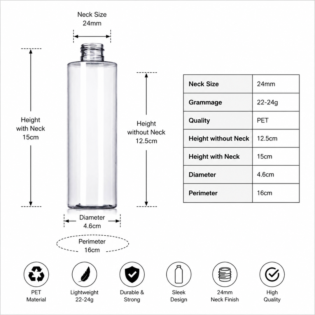 200ml JLI Pet Bottle CLEAR - 24mm NECK
