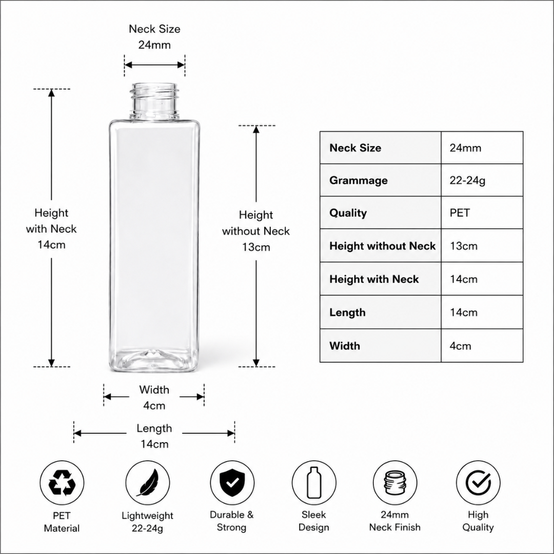 200ml SQUARE PET Bottle CLEAR - 24mm Neck
