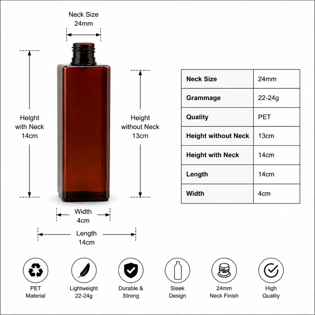 200ml SQUARE PET Bottle AMBER - 24mm Neck