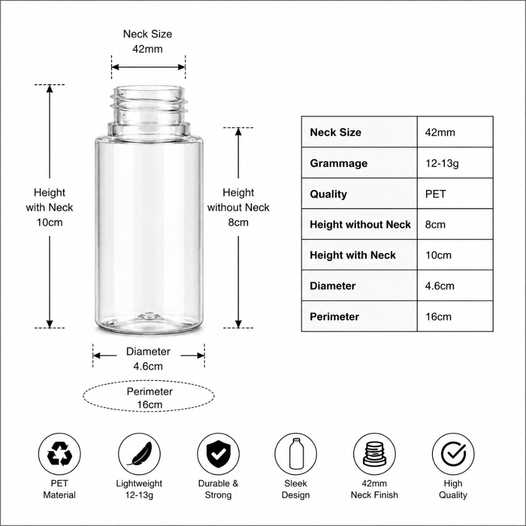 100ml Round JLI Pet Bottle CLEAR - 42mm NECK