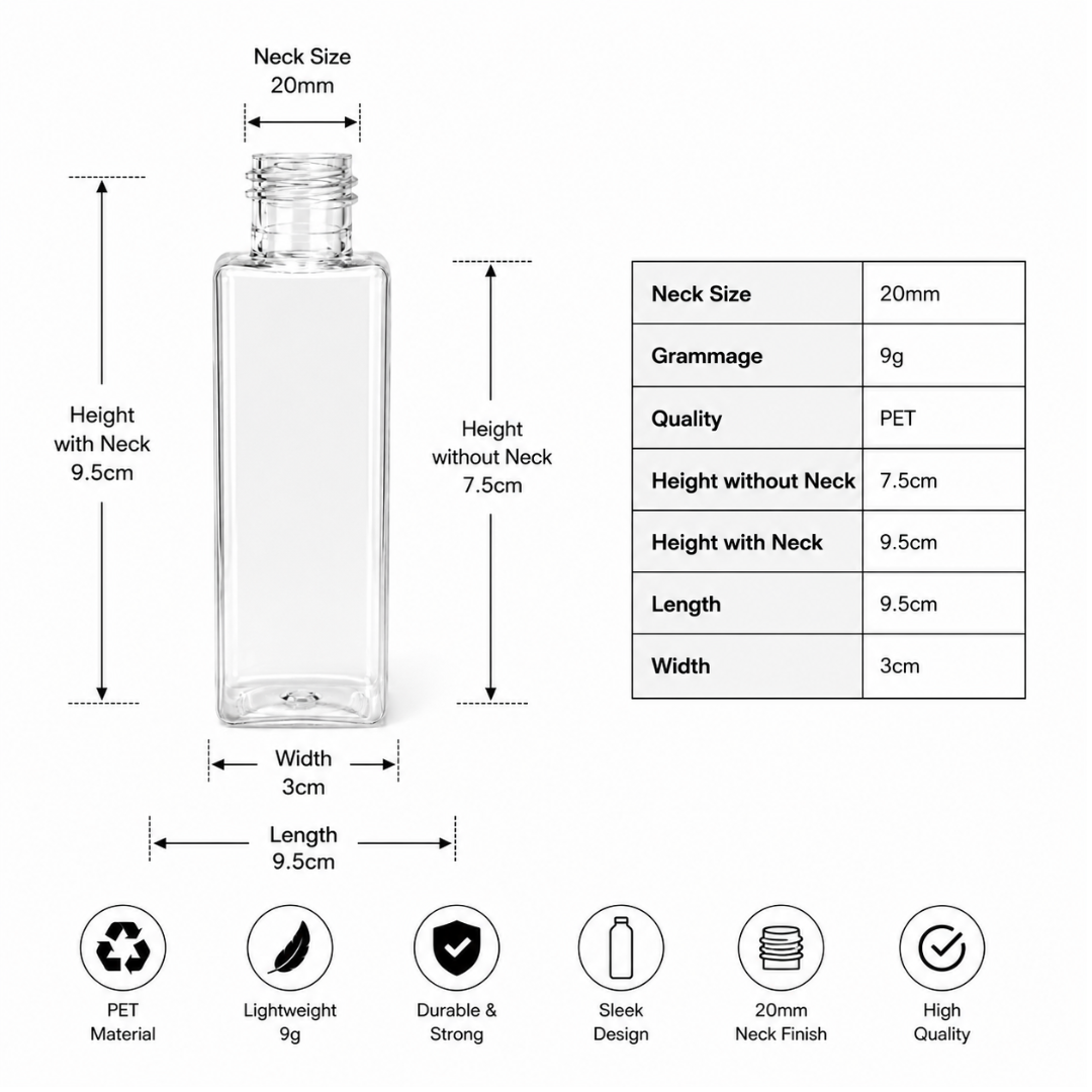 100ml SQUARE PET Bottle CLEAR - 20mm Neck