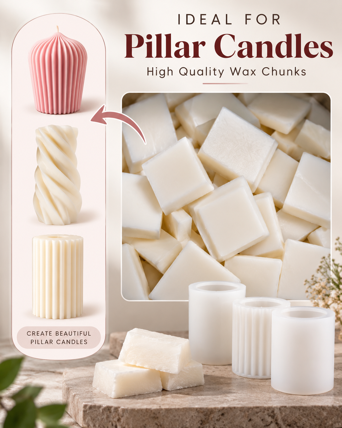 Premium Soy Wax Chunks ( Pillar Wax , Silicon molds )