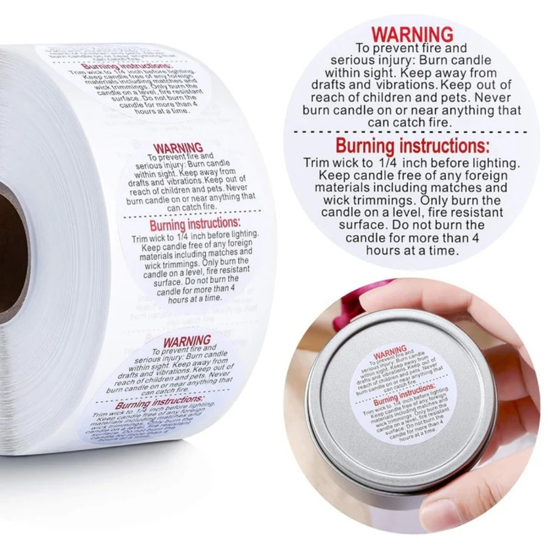 Candle Accessory - Warning Sticker 1 inch (1 Roll of 500 Stickers)